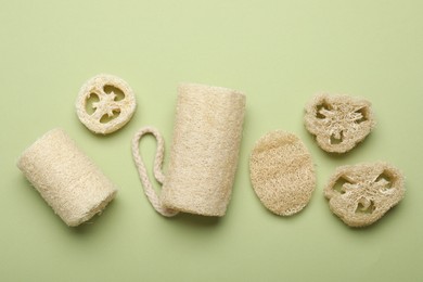 Photo of Natural loofah sponges on green background, flat lay