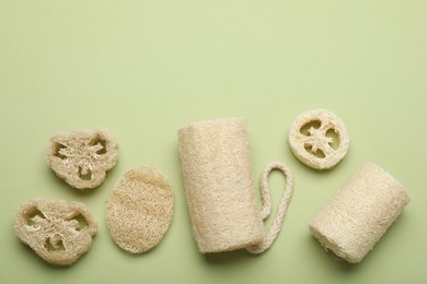 Photo of Natural loofah sponges on green background, flat lay. Space for text
