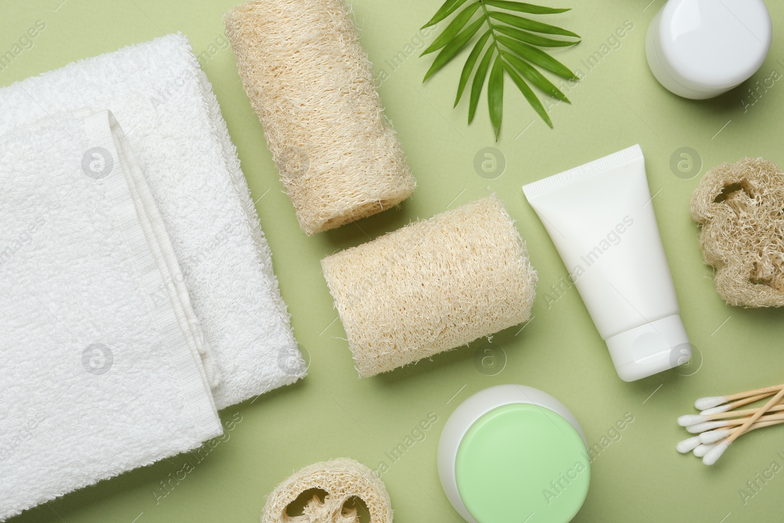 Natural loofah sponges, cosmetic products, towels, swabs and twig on green background, flat lay Photo of Natural loofah sponges, cosmetic products, towels, swabs and twig on green background, flat lay