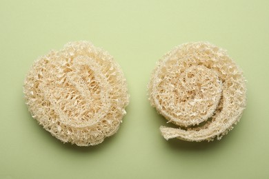 Photo of Natural loofah sponges on green background, flat lay