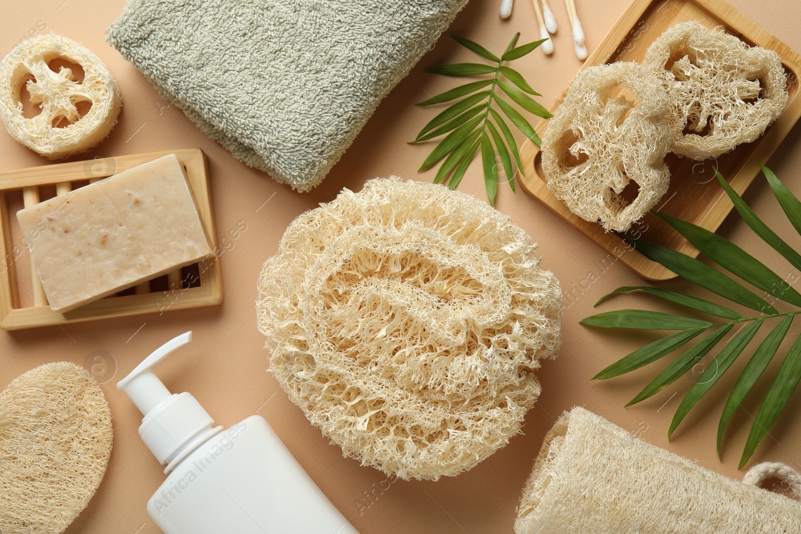 Natural loofah sponges, towel, soap, cosmetic product, swabs and twigs on beige background, flat lay Photo of Natural loofah sponges, towel, soap, cosmetic product, swabs and twigs on beige background, flat lay