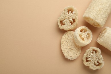 Photo of Natural loofah sponges on beige background, flat lay. Space for text