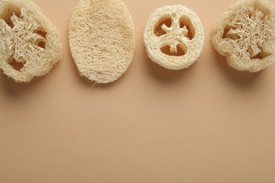 Photo of Natural loofah sponges on beige background, flat lay. Space for text