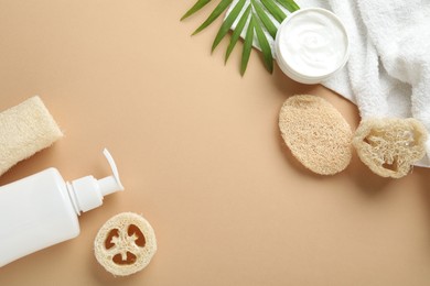 Photo of Natural loofah sponges, cosmetic products, towel and twig on beige background, flat lay. Space for text