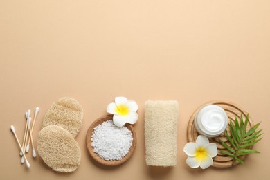 Photo of Natural loofah sponges, cosmetic product, sea salt, swabs, plumeria flowers and green twig on beige background, flat lay. Space for text