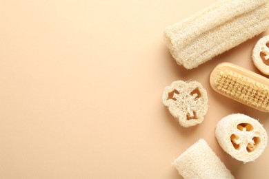 Photo of Natural loofah sponges and brush on beige background, flat lay. Space for text