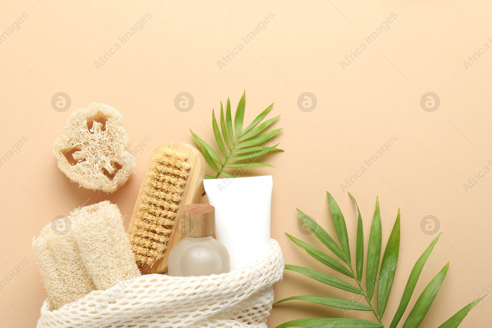 Natural loofah sponges, cosmetic products, brush and green twigs on beige background, flat lay Photo of Natural loofah sponges, cosmetic products, brush and green twigs on beige background, flat lay