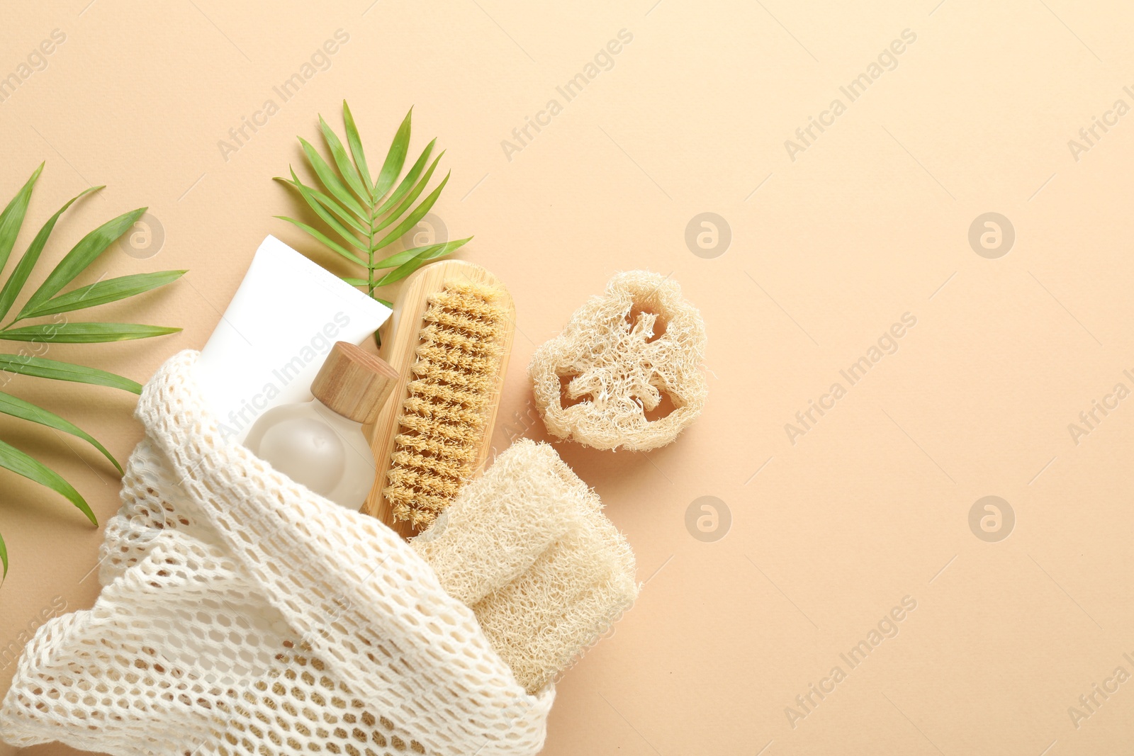Natural loofah sponges, cosmetic products, brush and green twigs on beige background, flat lay. Space for text Photo of Natural loofah sponges, cosmetic products, brush and green twigs on beige background, flat lay. Space for text