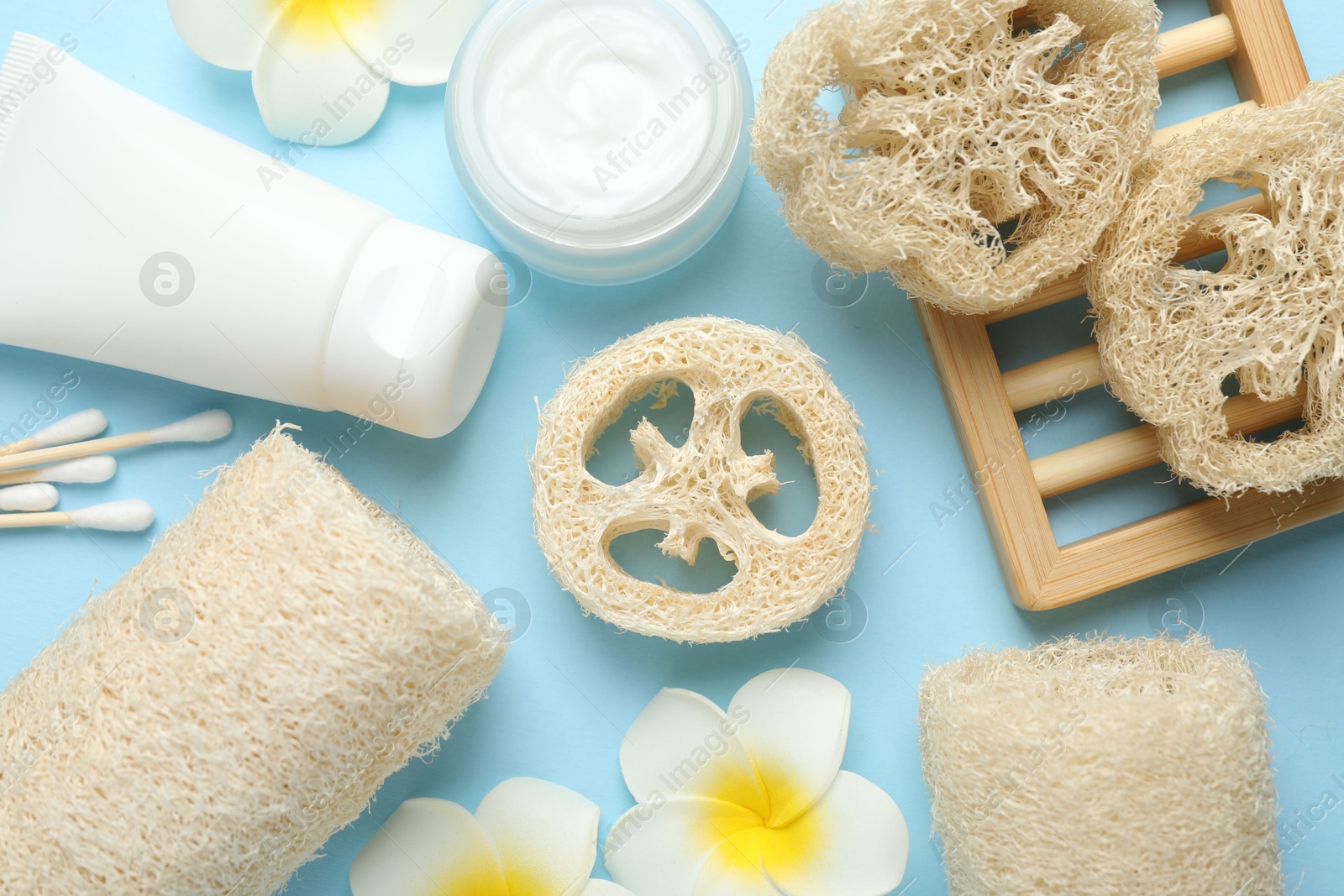 Natural loofah sponges, cosmetic products, swabs and plumeria flowers on light blue background, flat lay Photo of Natural loofah sponges, cosmetic products, swabs and plumeria flowers on light blue background, flat lay