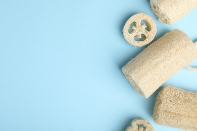 Photo of Natural loofah sponges on light blue background, flat lay. Space for text