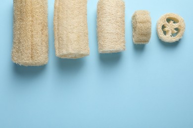 Photo of Natural loofah sponges on light blue background, flat lay. Space for text