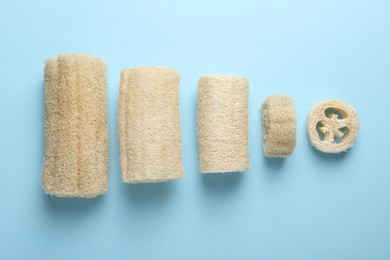 Photo of Natural loofah sponges on light blue background, flat lay
