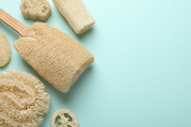 Photo of Natural loofah sponges on light blue background, flat lay. Space for text