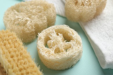 Photo of Natural loofah sponges, brush and towel on light blue background, closeup