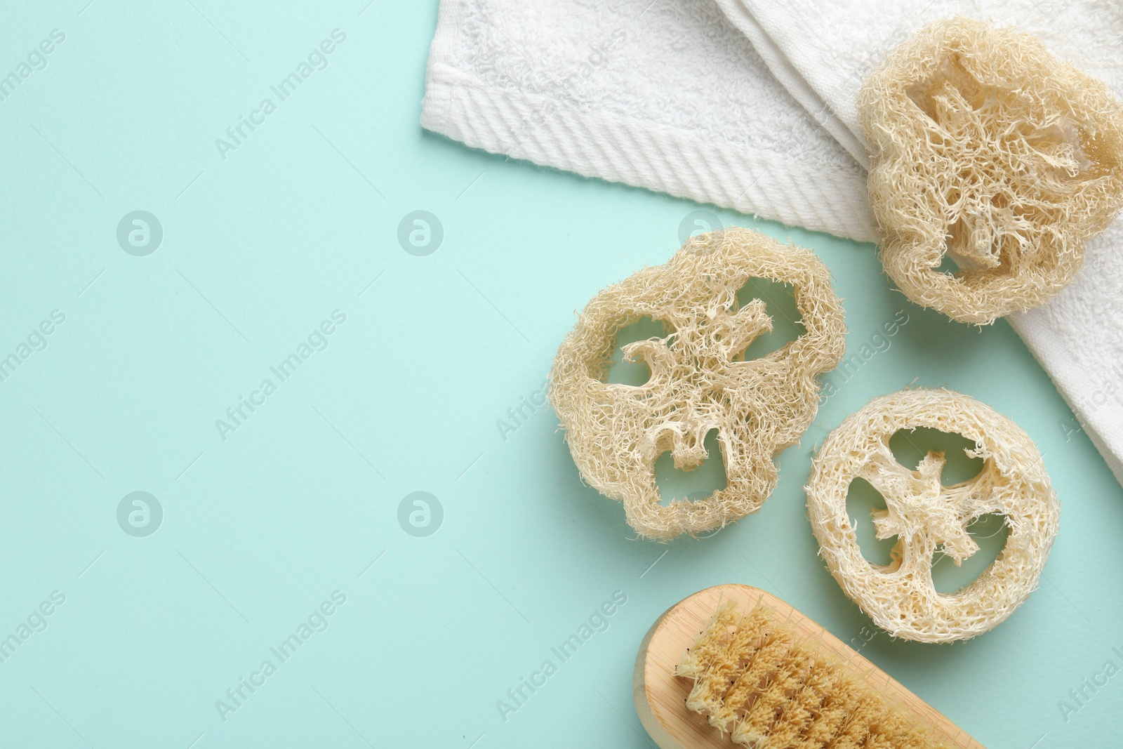 Natural loofah sponges, brush and towel on light blue background, flat lay. Space for text Photo of Natural loofah sponges, brush and towel on light blue background, flat lay. Space for text