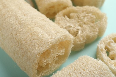 Photo of Natural loofah sponges on light blue background, closeup