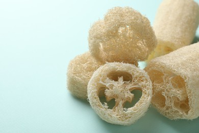 Photo of Natural loofah sponges on light blue background, closeup. Space for text