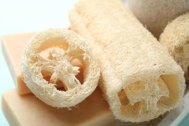 Photo of Natural loofah sponges and soap on light blue background, closeup