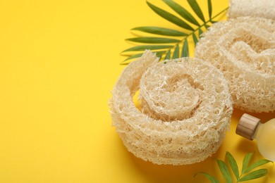 Photo of Natural loofah sponges, cosmetic product and green twigs on yellow background, closeup. Space for text