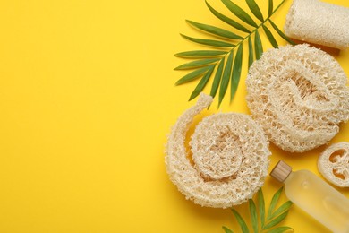 Photo of Natural loofah sponges, cosmetic product and green twigs on yellow background, flat lay. Space for text