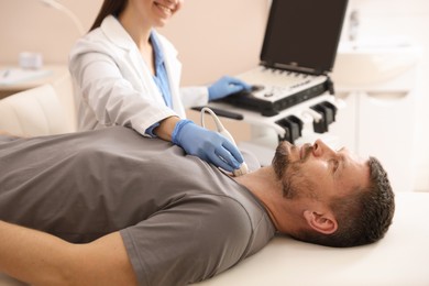 Photo of Sonographer conducting ultrasound examination of man's thyroid gland in clinic