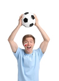 Photo of Emotional sports fan with drawing of Polish flag and soccer ball on white background