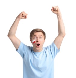 Photo of Emotional sports fan with drawing of Polish flag on white background