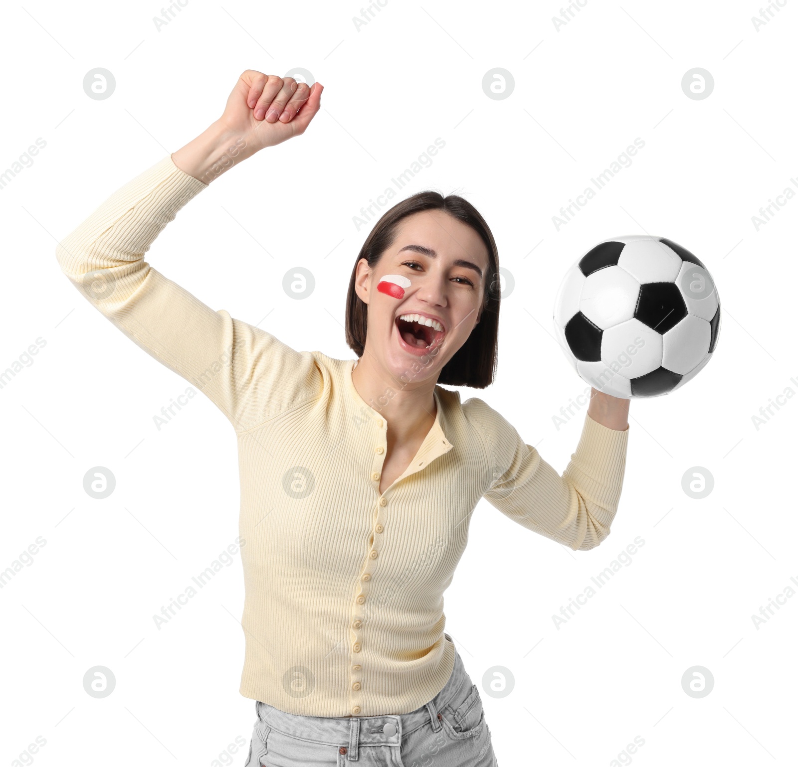 Emotional sports fan with drawing of Polish flag and soccer ball on white background Photo of Emotional sports fan with drawing of Polish flag and soccer ball on white background