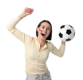 Photo of Emotional sports fan with drawing of Polish flag and soccer ball on white background