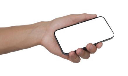 Photo of Man with modern smartphone on white background, closeup. Mockup for design