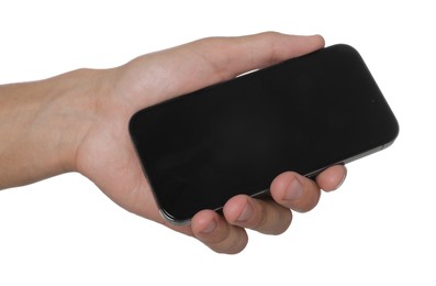 Photo of Man with modern smartphone on white background, closeup. Mockup for design