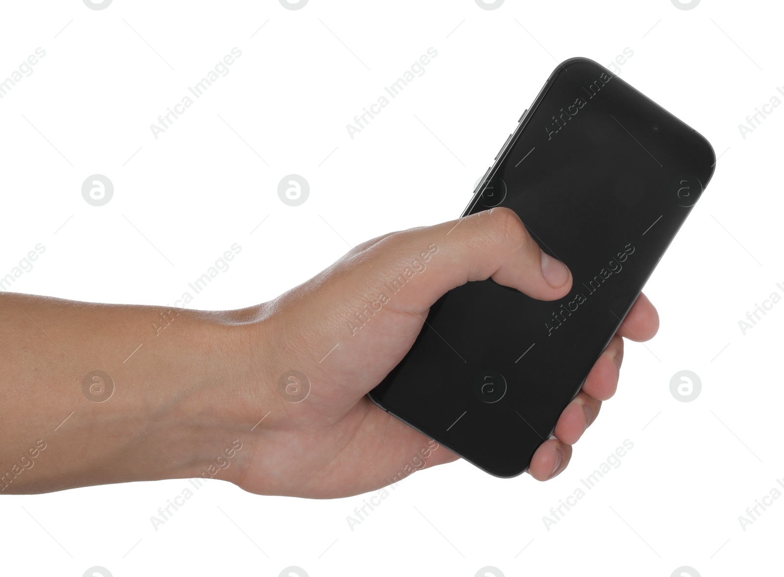 Man with modern smartphone on white background, closeup. Mockup for design Photo of Man with modern smartphone on white background, closeup. Mockup for design