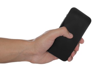 Photo of Man with modern smartphone on white background, closeup. Mockup for design