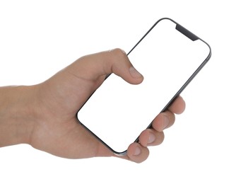 Photo of Man with modern smartphone on white background, closeup. Mockup for design