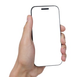 Photo of Man with modern smartphone on white background, closeup. Mockup for design