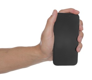 Photo of Man with modern smartphone on white background, closeup. Mockup for design