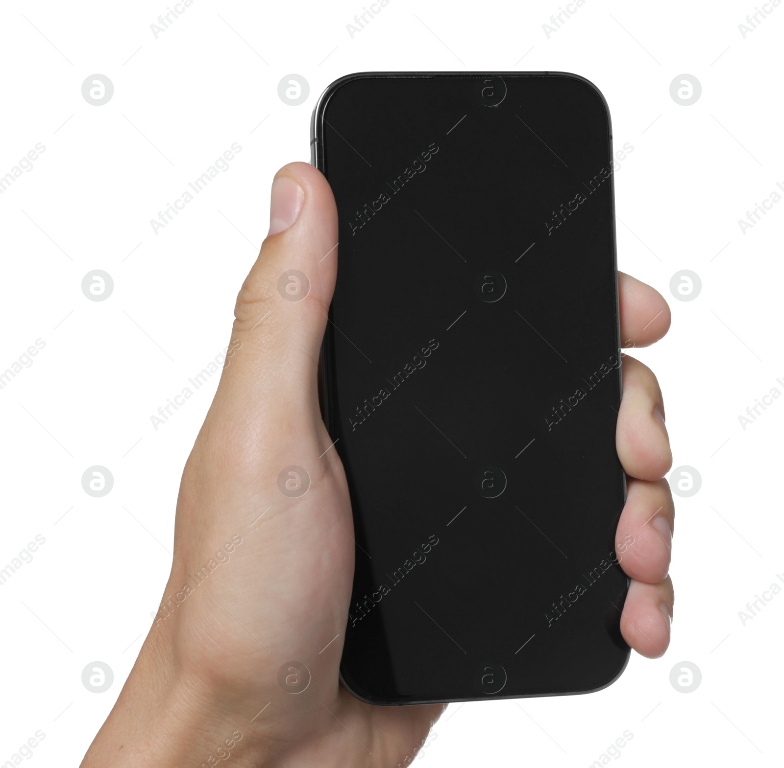 Photo of Man with modern smartphone on white background, closeup. Mockup for design