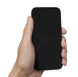 Photo of Man with modern smartphone on white background, closeup. Mockup for design