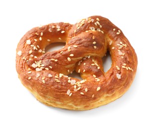 Photo of Tasty pretzel with salt isolated on white