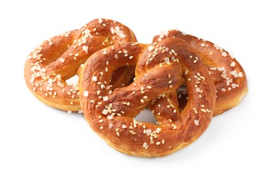 Photo of Tasty pretzels with salt isolated on white