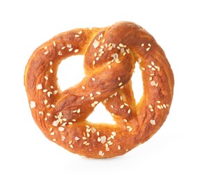 Photo of Tasty pretzel with salt isolated on white