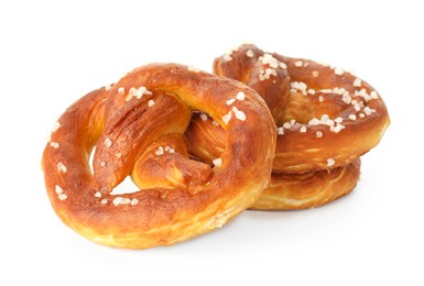 Photo of Tasty pretzels with salt isolated on white