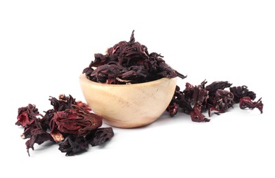 Photo of Hibiscus tea. Dried roselle sepals in bowl isolated on white