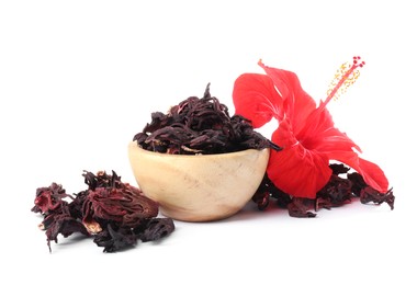 Photo of Hibiscus tea. Dried roselle sepals in bowl and beautiful flower isolated on white