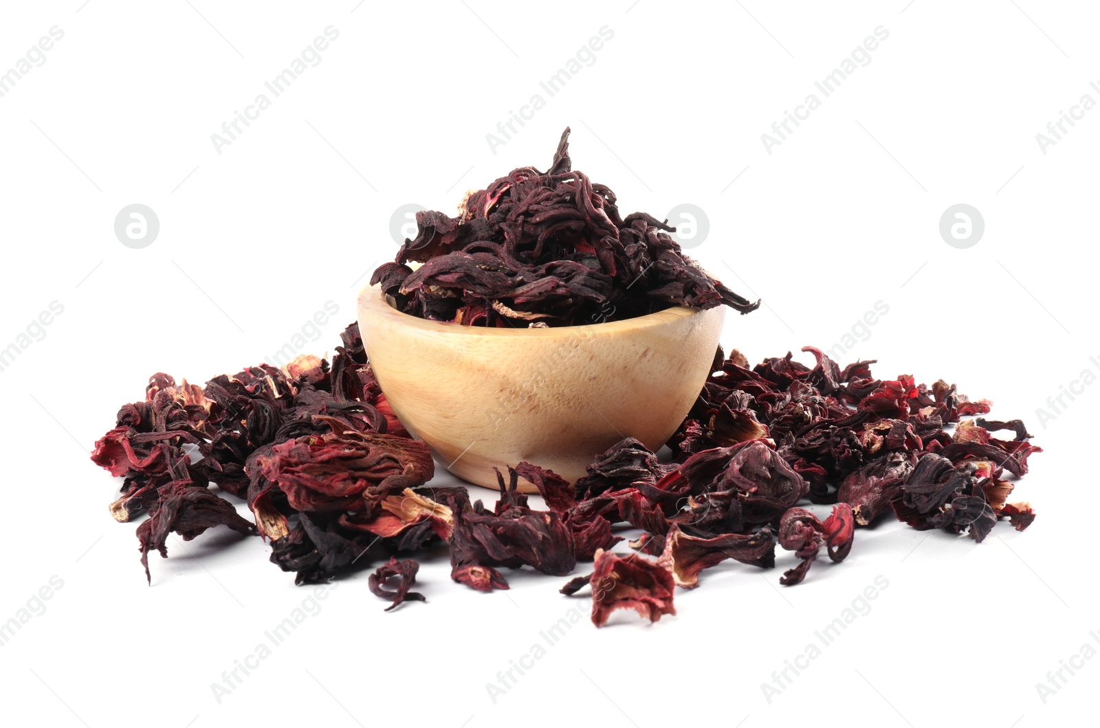 Hibiscus tea. Dried roselle sepals in bowl and beautiful flower isolated on white Photo of Hibiscus tea. Dried roselle sepals in bowl and beautiful flower isolated on white
