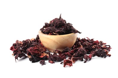 Photo of Hibiscus tea. Dried roselle sepals in bowl and beautiful flower isolated on white