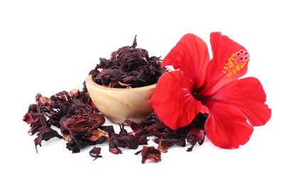 Photo of Hibiscus tea. Dried roselle sepals in bowl and beautiful flower isolated on white