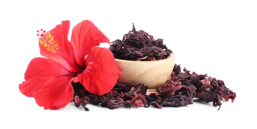 Photo of Hibiscus tea. Dried roselle sepals in bowl and beautiful flower isolated on white