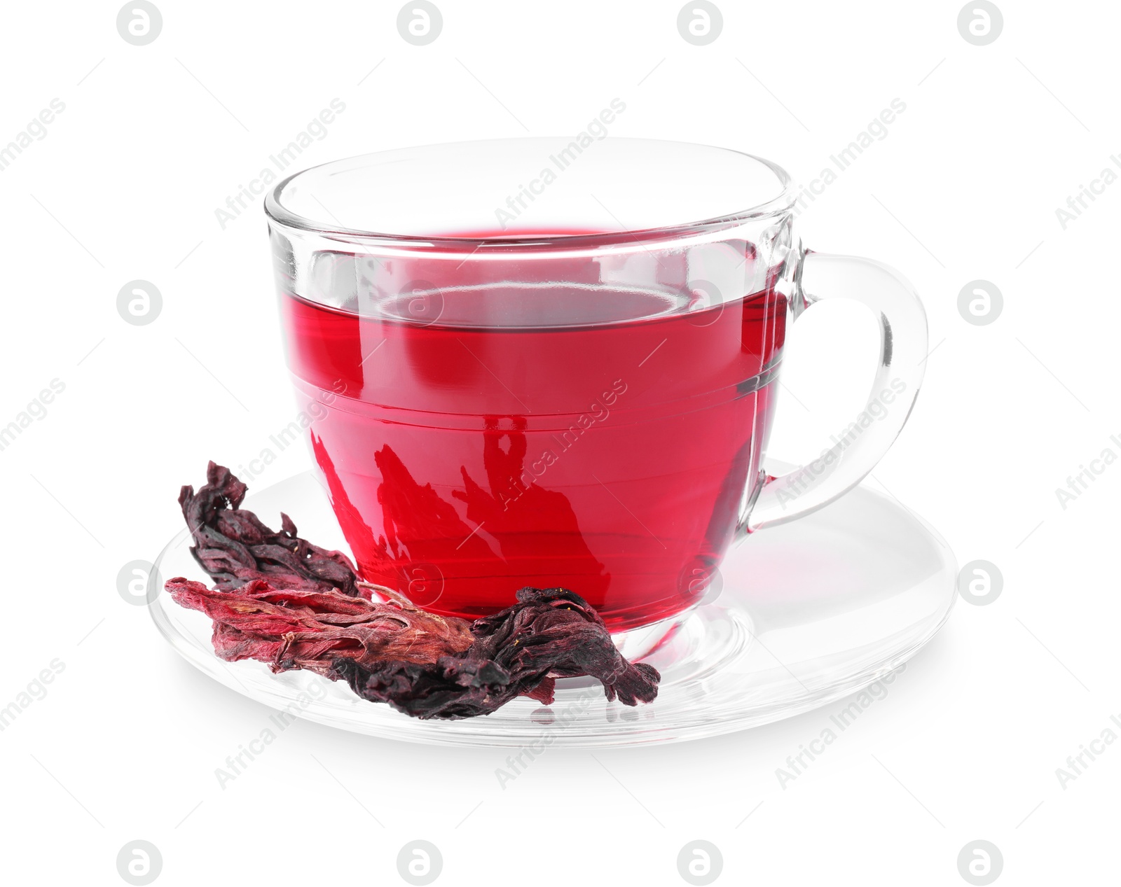 Delicious hibiscus tea in glass cup and dry roselle sepals isolated on white Photo of Delicious hibiscus tea in glass cup and dry roselle sepals isolated on white