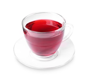 Photo of Delicious hibiscus tea in glass cup isolated on white